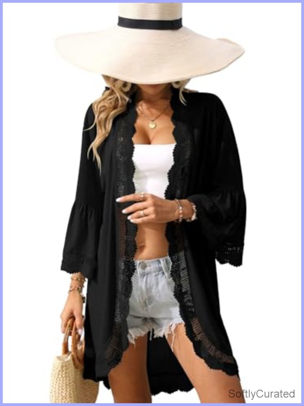 Womens Summer Cardigan 3/4 Ruffle Sleeve Kimono Lace Lightweight